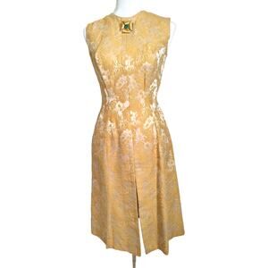 Vintage Gold Brocade Tunic Hostess Top Oriental Theme With Gold Tone Brooch